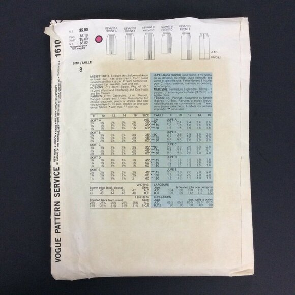 Vintage 1982 Vogue Basic Design Sewing Pattern #1610 Misses Skirt Size 8 - Picture 2 of 3